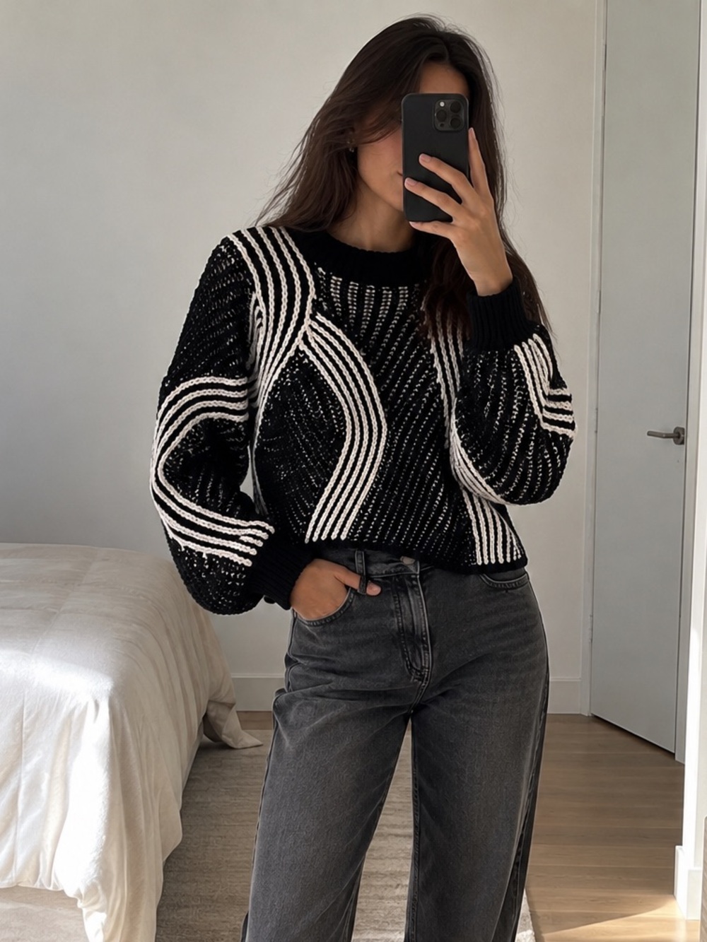 Black White Graphic Wool Blend Knit Sweater Size S